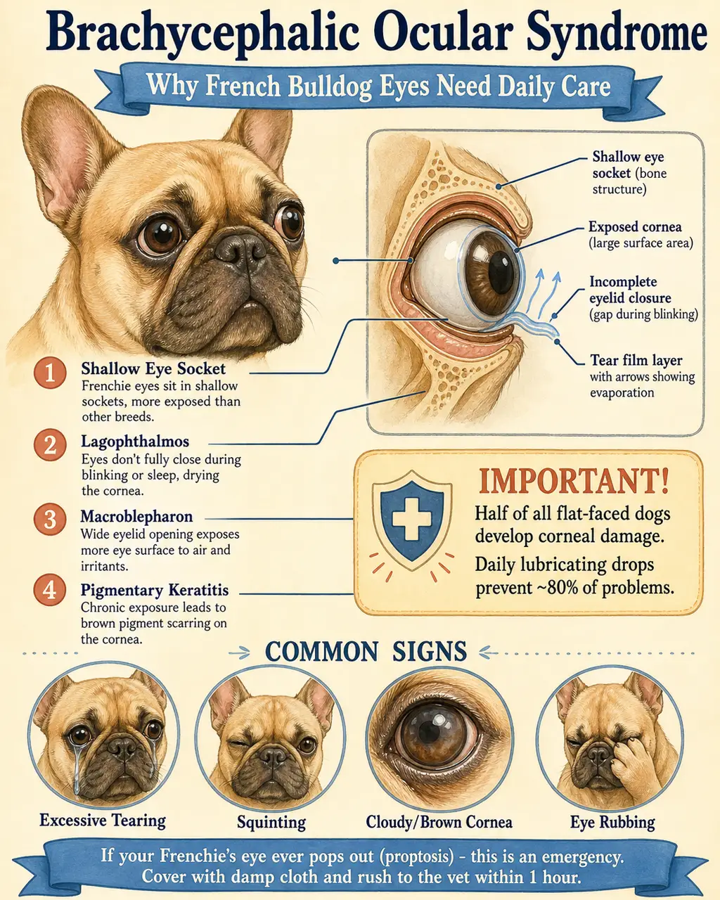 Educational infographic showing Brachycephalic Ocular Syndrome in French Bulldogs: shallow eye sockets, exposed cornea, incomplete blinking, and the cluster of eye conditions that develop from flat-face anatomy
