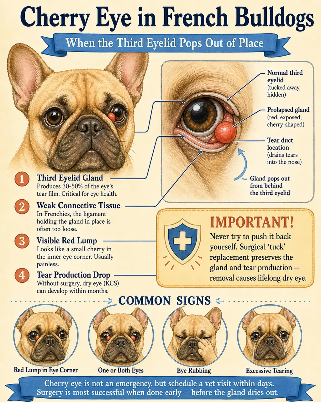Educational infographic showing cherry eye in a French Bulldog: the third-eyelid tear gland prolapsed out of position, appearing as a small red cherry-like lump in the inner corner of the eye