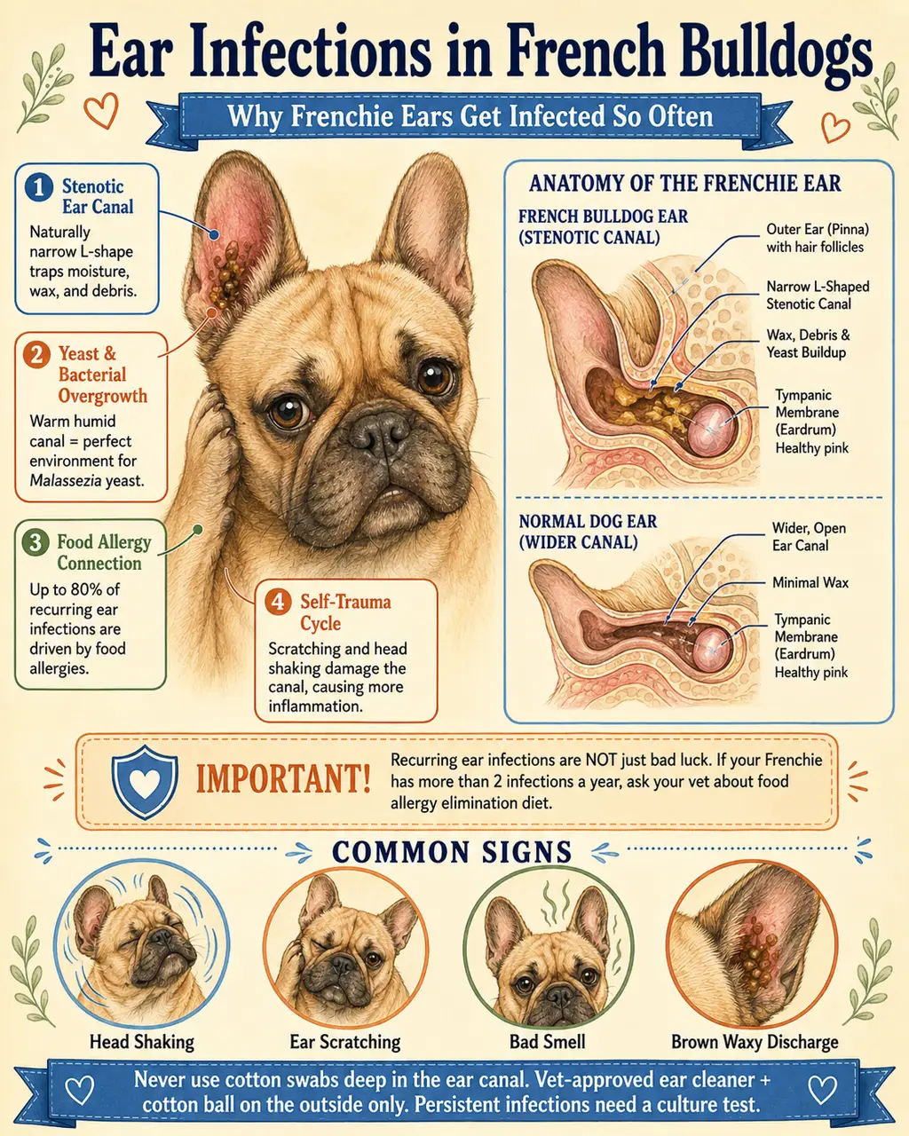 Educational infographic showing otitis externa in a French Bulldog: stenotic narrow ear canal, brown waxy yeast and bacterial colonization, head shaking, and the underlying food allergy driving chronic recurrence