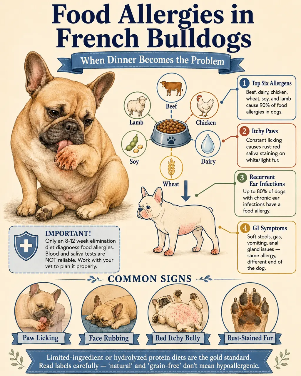 Educational infographic showing food allergies in French Bulldogs: top allergens (beef, dairy, chicken, wheat) and main symptoms (itchy paws, recurring ear infections, GI problems)