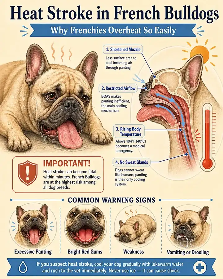 Educational infographic showing why French Bulldogs are vulnerable to heat stroke, with thermometer warning signs and cooling guidance