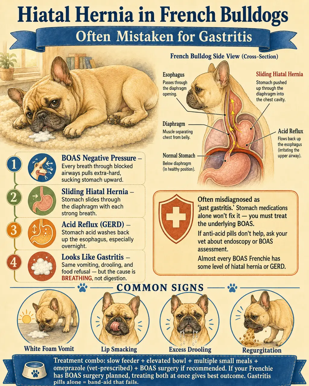 Educational infographic showing sliding hiatal hernia and GERD in French Bulldogs: stomach pushing through the diaphragm into the chest cavity, BOAS-driven negative pressure mechanism, and common symptoms like white foam vomit and regurgitation