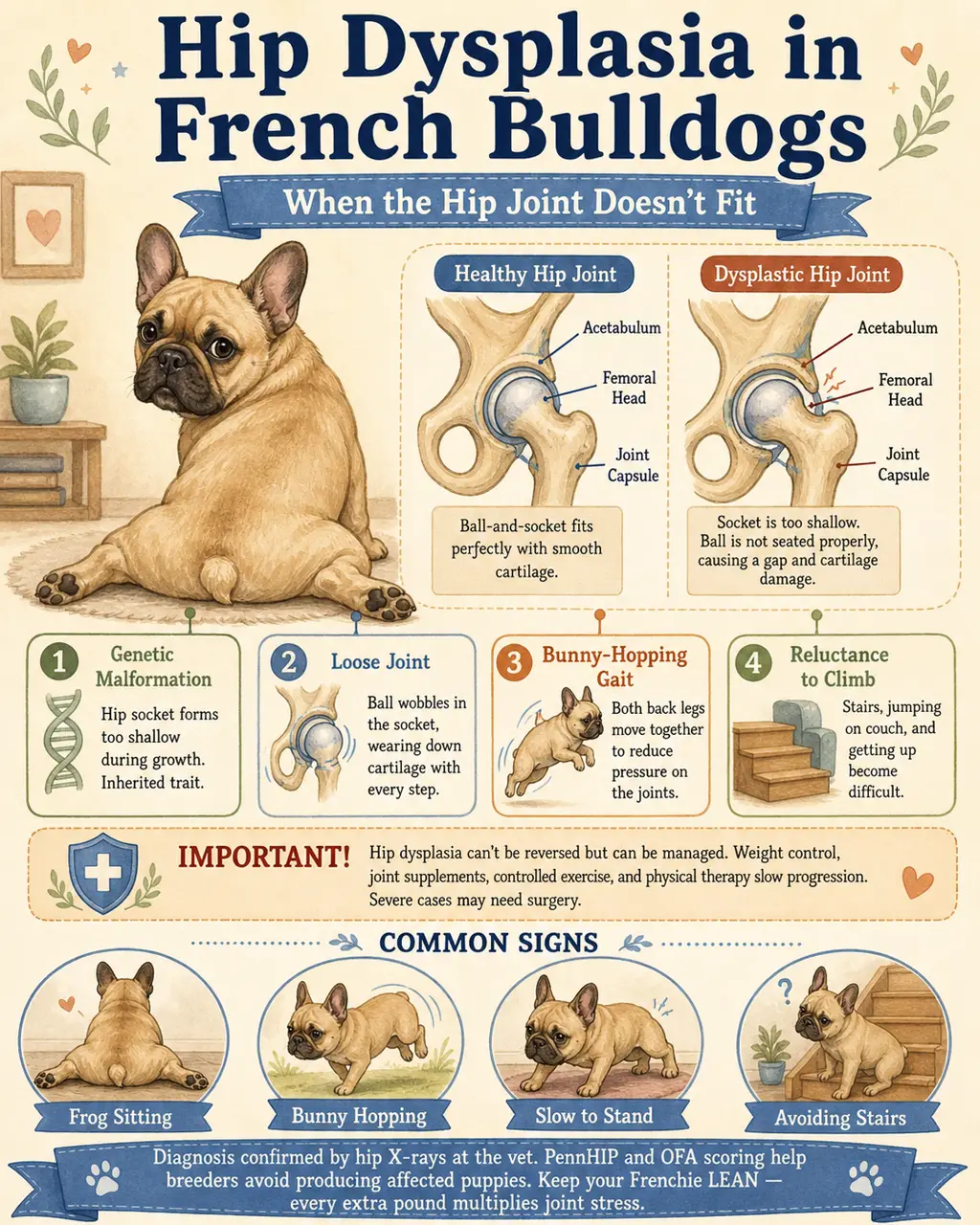 Educational infographic showing hip dysplasia in French Bulldogs: malformed hip joint where the ball of the femur doesn't fit properly in the pelvis socket, with key signs including bunny-hopping, frog sitting, and reluctance to climb stairs