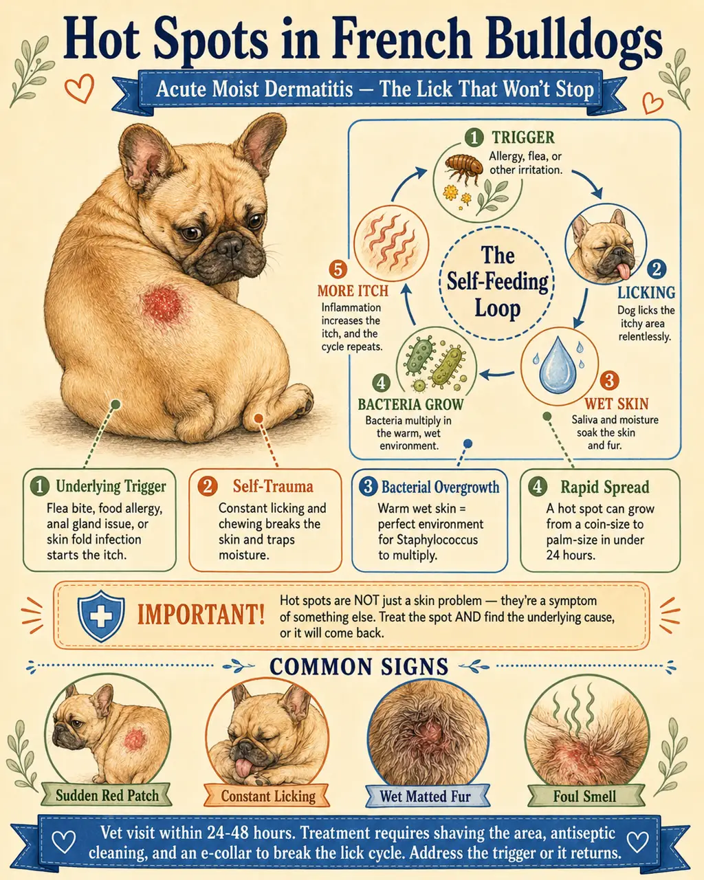 Educational infographic showing hot spots in French Bulldogs: the lick-itch-infection feedback loop and common locations on the body